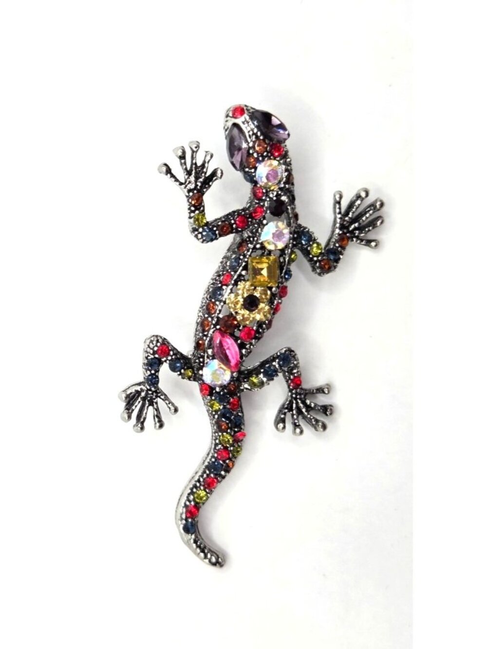 Colorful Rhinestone Lizard Brooch Silver-Tone Multicolor Crystals - Picture 2 of 2